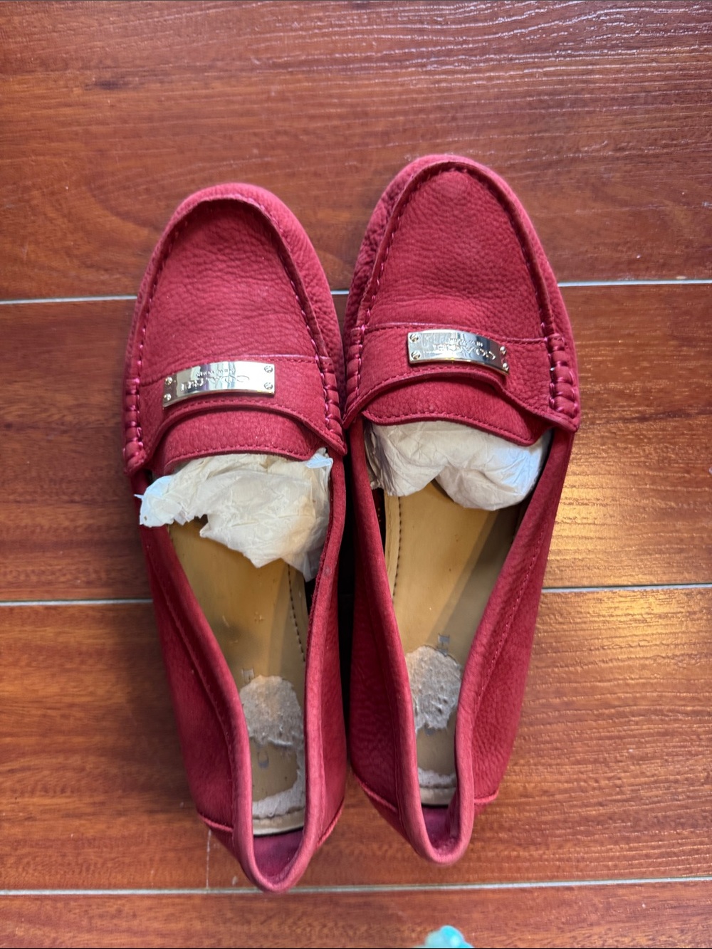 COACH Red Suede Women's Loafer Flats with Rose Gold Metal Accent